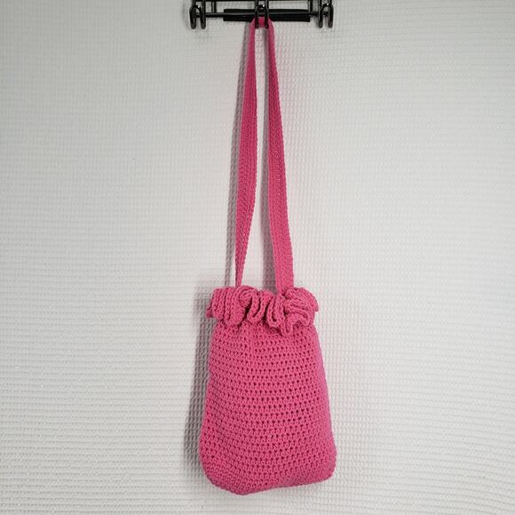 Crochet Shoulder Bag Pink Medium Purse Handmade Ruffle Dollcore Coquette Spring - Picture 1 of 12